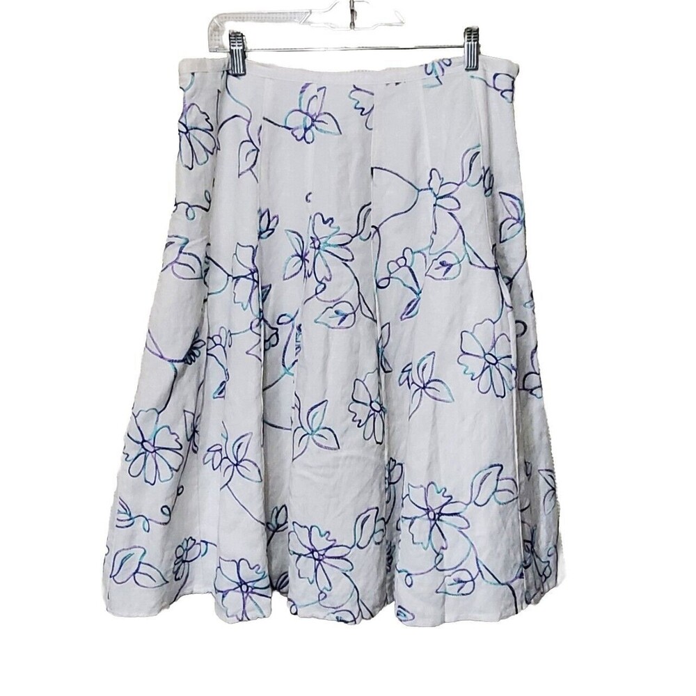Dressbarn Skirt Womens 12 White Embroidered Floral Linen Pleated Midi Lined